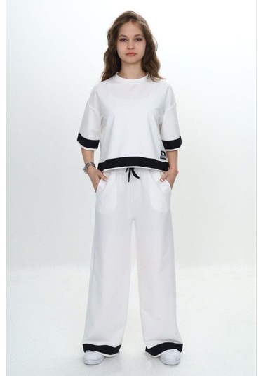 Kız Çocuk %100 Pamuk Kısa Kollu Garnili Truvakar Kol 2 İplik Alt&üst Eşofman Takımı-285-eşt-0011 Ekru