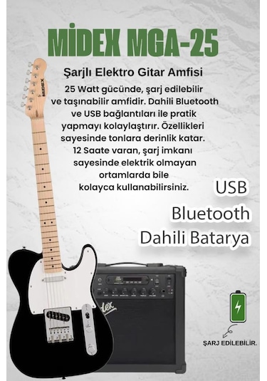 Midex Tlx-50wb-25amp Tele Kasa Maple Klavye 2 Single-coil 25w Amfili Elektro Gitar