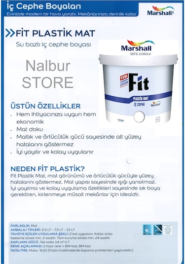 Marshall Fit Plastik Su Bazlı Iç Cephe Duvar Boyası 2.5Lt=3.5Kg-K (279683759)