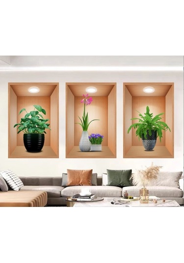 3d Çiçek Vazo Duvar Sticker 3 Lü Set Kahverengi Fon 5060 Çok Renkli