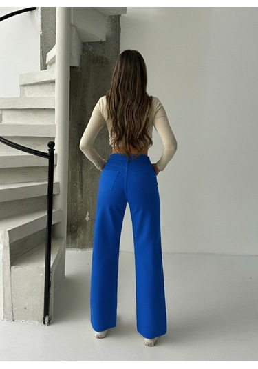 Kadın Yüksek Bel Keten Boyfriend Bol Paça Mavi