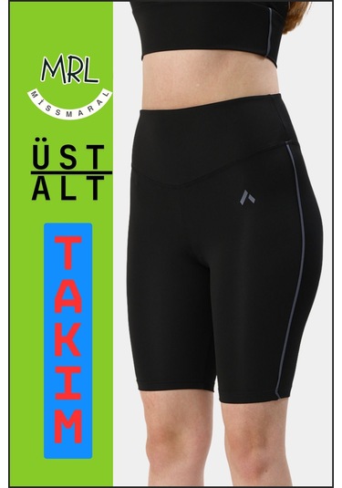 Kadın Siyah Takım Alt-üst Kısa Şort-tayt Ve Pedli Sporcu Büstiyer 2li Set Antrasit Biyeli Elt3043 Siyah Antrasit