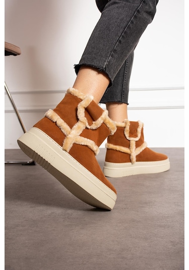 Shoetek Luka Kadın Bot İçi Kürklü Taba Süet Taba Suet Taba