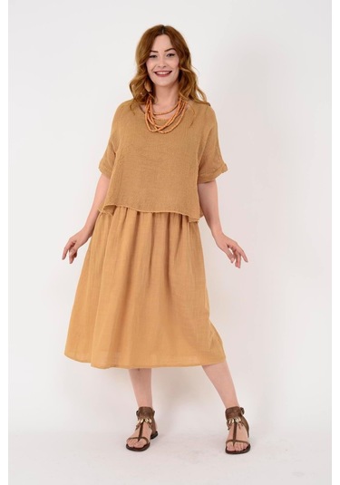 İtalyan Müslin Keteni Üstü File Bluzlu Astarlı Tek Parça Elbise-9256 Cappuccino