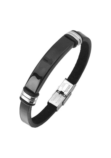 Brezza Lusso Jewelry Hakiki Deri Sade Model Siyah Parlak Çelik Erkek  Bileklik Siyah