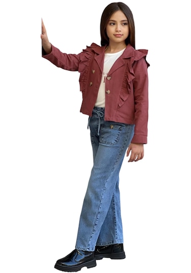 Kız Çocuk Ceket Fırfır Detay Kiremit Renk Ceket Tişört Üçlü Takım Kiremit