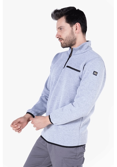 3 İplik Dik Yakalı Fermuarlı Sweatshirt Gri Melanj