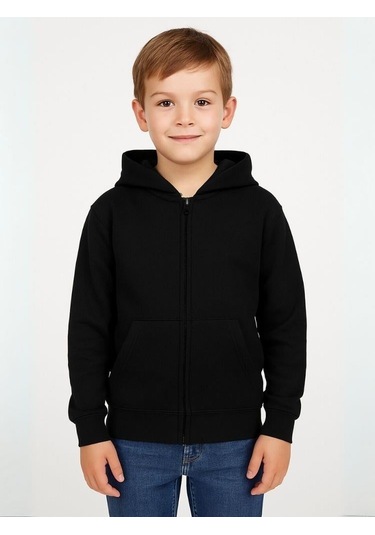 Çocuk Fermuarlı İnce Mevsimlik Basic Kapüşonlu Okul Hırkası-16092 Siyah