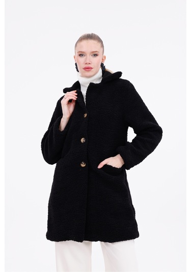 Düğmeli Cepli Kadın Peluş Kaban Siyah