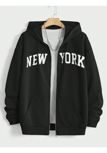 Harmandar New York Baskılı Kadın Siyah Cepli Kapüşonlu Fermuarlı Sweatshirt Hırka Siyahnewyork