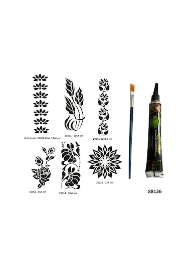 Çiçek Desenleri Siyah Hint Kınası Hediyeli Geçici Dövme Yapma Seti