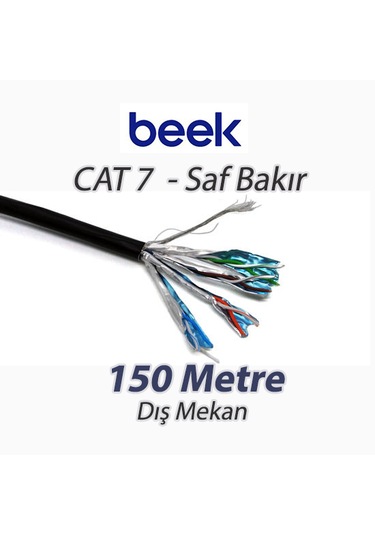 Beek Cat7 Saf Bakır S/ftp Awg23 Spe Dış Mekan Data Kablosu, Siyah Renk 150 Mt