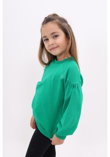 Toontoy Kız Çocuk Relax Fit Bisiklet Yaka Büzgülü Reglan Kol Sweatshirt - 2 İplik Çimen Yeşili