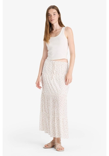 Defacto Floral Yüksek Bel Pamuk Astarlı Maxi Etek F9460ax25hswt32 Beyaz