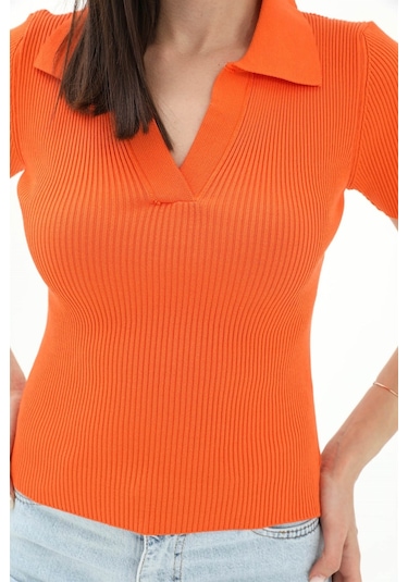 Polo Yakalı Kısa Kol Triko Kazak - Turuncu - Kadın Turuncu