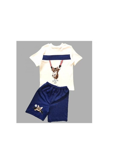 1-2-3 Yaş Fermuarlı Kedi Baskılı Şortlu Kısa Kollu Tişört 2li Erkek Bebek Takımı İndigo İndigo