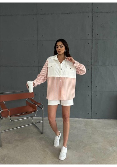 Gabardin Şort - Gabardin - Çizgili Keten Garnili Ceket Takım - Orange Orange