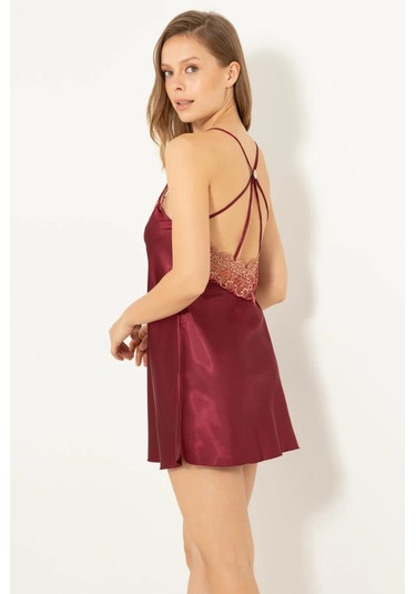 Faryanight Saten Dantelli Taşlı Sırt Detaylı İp Askılı Gecelik Bordo