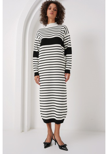 Bigdart 15898 Çizgili Uzun Triko Elbise - D. Siyah