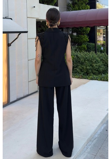 Omuz İşleme Detaylı Asimetrik Abiye Takım 2389-siyah Siyah