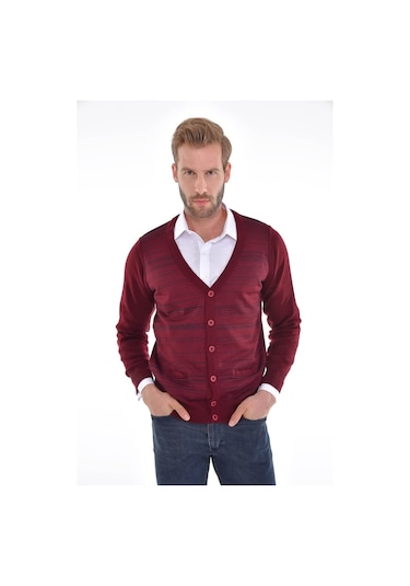 Çizgi Triko Erkek Çift Cepli Çelik Örgü Triko Hırka 4225M Bordo