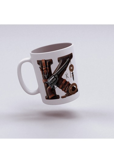 K Harfi Kovboy Temalı Bardak 330 Ml İsim / Harf Kişiye Özel Hediye - Vahşi Batı Konsept Beyaz