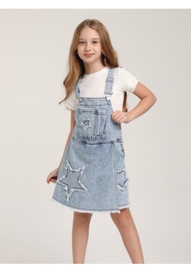 Kız Çocuk Yıldız Desenli Kot Şort Etek Salopet-15639 Mavi