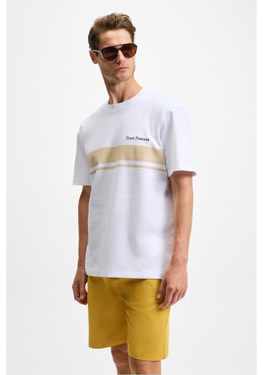 Lamıne Erkek Baskı Ve Nakış Detaylı %100 Organik Pamuk Bisiklet Yaka Regular Fit Beyaz T-shirt