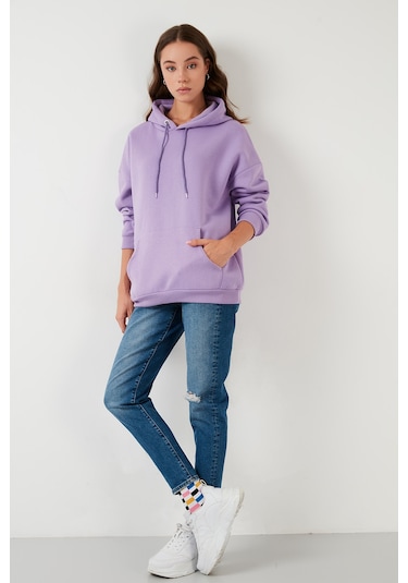 Lela Regular Fit Pamuklu Kapüşonlu Yaka Şardonlu Kışlık Bayan Sweat 5863854 Lila