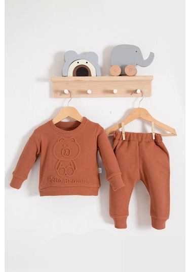 Bear Gofre Kabartmalı 2'li Erkek Bebek Takımı Kahve Kahverengi
