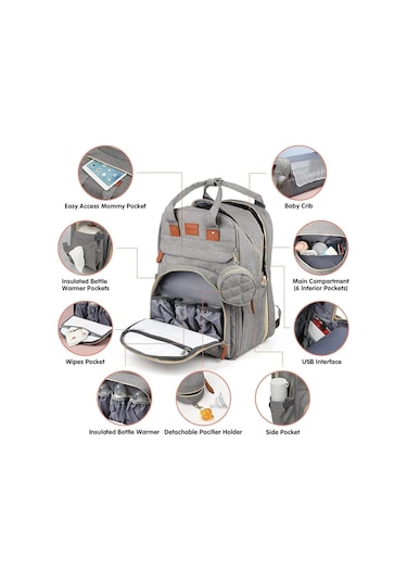 Jialan 3 In 1 Bebek Bezi Çantası Sırt Çantası Katlanabilir Bebek Gri