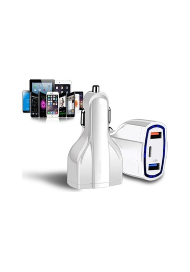 Createtech Usb Type-c Şarj Şarj Şarj Qc3.0 Hızlı Çıkışlı Cihazı Cihazı Çift Beyaz Araç Araç Arabirim Adet 3.5a 2 Kb
