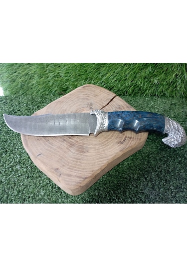 Tctknives Damascus Serisi El Yapımı Av Kamp Bıçağı Şahin Gümüş - Mavi