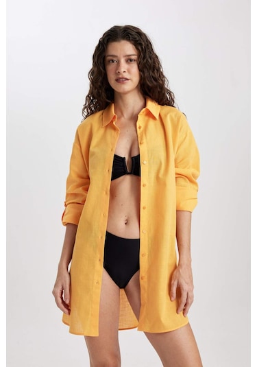 DeFacto Regular Fit Pamuklu Plaj Gömleği-Fall in Love W8241AZ24SMYL301 Sarı