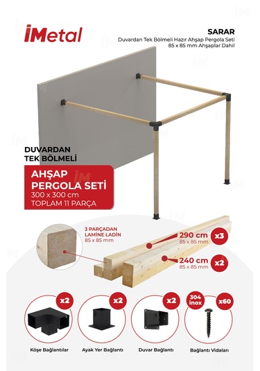 Sarar Duvardan Tek Bölümlü Ahşap Pergola Seti Ahşaplar Dahil