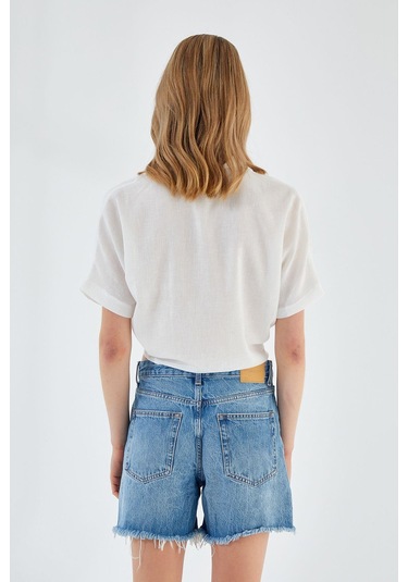 4230 Kadın Bağlamalı Yazlık Keten Gömlek Beyaz Beyaz