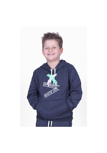 X Baskılı Kanguru Cepli Kapüşonlu Erkek Çocuk Füme Sweatshirt Füme