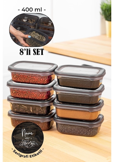 Vienev Beyaz Serigrafi Etiketli 8'li Peggy Dikdörtgen Baharatlık Seti 400 ML Antrasit