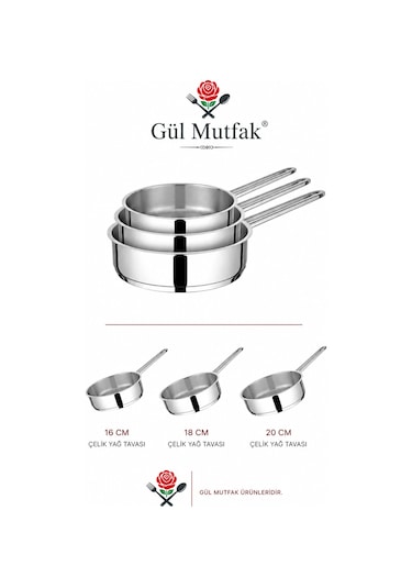 3'lü Yağ Tava Paslanmaz Çelik 16 Cm -18 Cm -20 Cm Gümüş