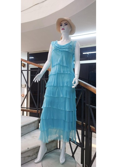 Italyan 2 Beden İnce Gösteren Kat Kat Kolsuz Ipek Elbise-8769 Açık Turkuaz
