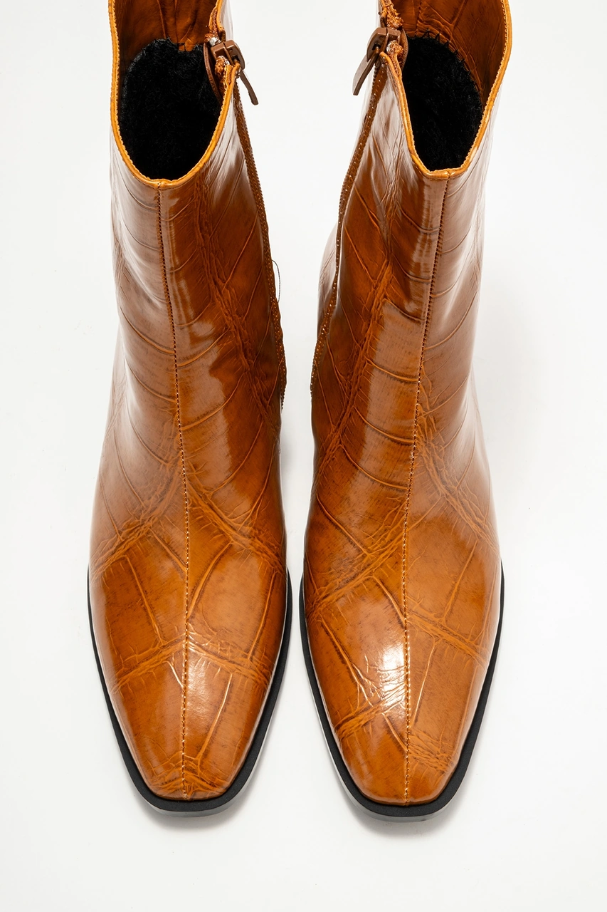 Chara Taba Baskı Kadın Kalın Topuklu Bot Taba Baskı