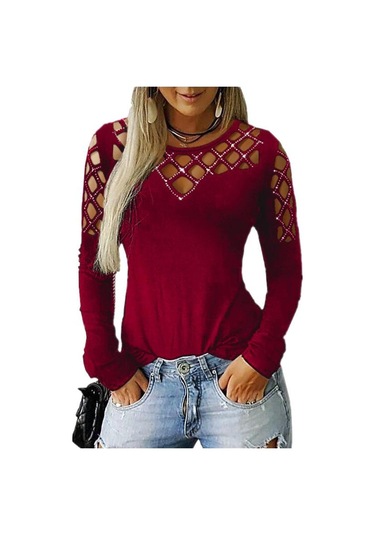 Gmxıa Kadın Modası Rahat Yazlık Hollow Iron Matkap Düz Renk Baskı Uzun Kollu O-yaka Bol Bluzlar Ve Gömlekler Bordo