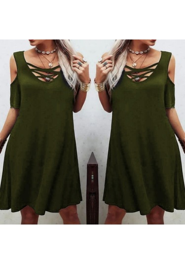 Dekolteli Bağcık Detay Viskon Kumaş Elbise Haki