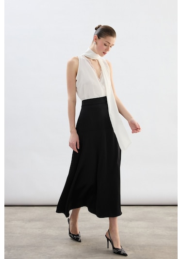 Sateen Yüksek Bel Saten Etek - Siyah-136783 Siyah