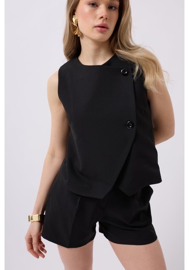 Modasize Yandan Düğmeli Dokuma Yelek Siyah