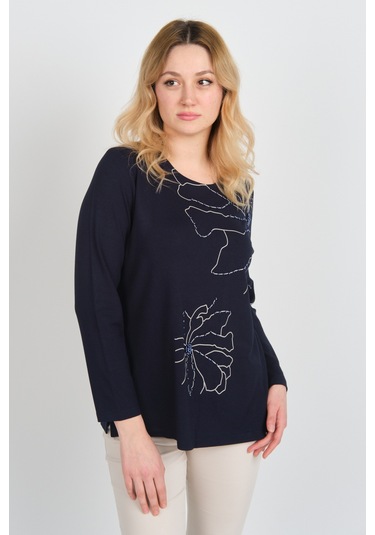 Detay Triko Kadın Boncuk İşlemeli Desenli Uzun Kol Anne Bluz 5737 Lacivert Lacivert
