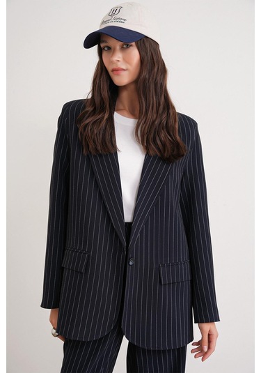 4753 Kadın Çizgili Oversize Blazer Ceket Lacivert Lacivert