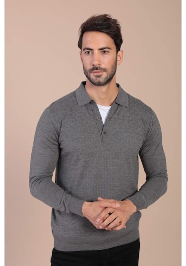 Ferraro Polo Yaka Superfine Yün Kazak - Gri Gri