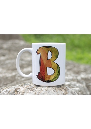 B Harf Yaprak Renkleri İle Kupa Bardak - Kişiye Özel Alfabe Harfli Bardak - Hediye Beyaz