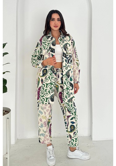 Etnik Desen Baskılı Keten Takım Yeşil Yeşil